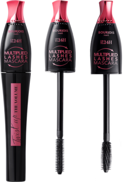 Trzy czarne tusze Bourjois Twist Up the Volume, jeden zamknięty, dwa otwarte ukazujące szczoteczki 2w1.