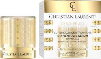 Złoto-białe serum Christian Laurent z pyłem diamentowym pod oczy, na czoło i usta, obok eleganckie opakowanie.