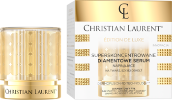 Christian Laurent Diamentowe Serum Napinające na twarz, szyję i dekolt, złota butelka i białe pudełko, widok z przodu.