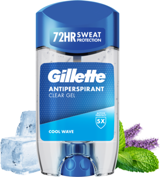 Gillette Antyperspirant Clear Gel Cool Wave dla mężczyzn, 72h ochrony, przezroczysty żel, widok z przodu z lodem i miętą.