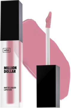 Matowa pomadka Wibo Million Dollar nr 7, jasnoróżowa, w szklanej butelce z aplikatorem i próbką koloru.