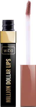 Wibo Million Dollar Lips matowa pomadka w płynie, czarna butelka ze złotym topem, aplikator z brązowym kolorem.