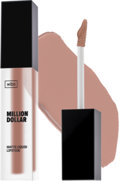 Matowa pomadka Wibo Million Dollar nr 8 w przezroczystej butelce, obok aplikator z beżowym swatche.