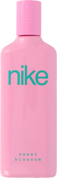 Woda toaletowa Nike Sweet Blossom w różowej butelce, z turkusowym napisem, widok z przodu.