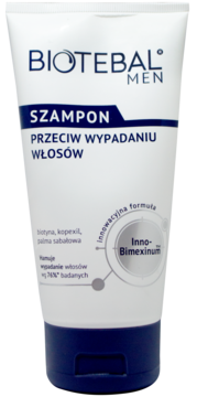 Biotebal Men Szampon Przeciw Wypadaniu Włosów. Biała tuba z niebieskim spodem, widok z przodu.