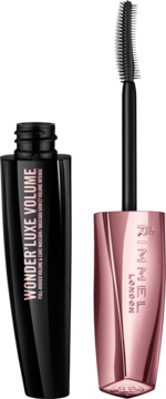 Otwarta czarna maskara Rimmel Wonder'Luxe Volume, pogrubiająca z silikonową szczoteczką i różowo-złotą nakrętką.