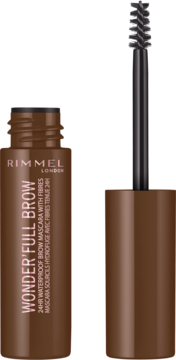 Rimmel Wonder'Full Brow wodoodporny brązowy tusz do brwi z włóknami, otwarty z wyjętą szczoteczką.