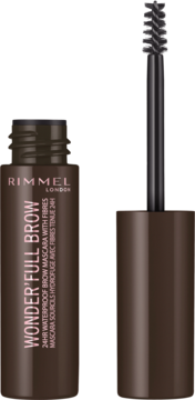 Rimmel Wonder'Full Brow, brązowa wodoodporna mascara do brwi z włóknami, otwarta tuba z wyjętym aplikatorem.