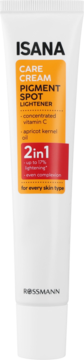 Biała tubka ISANA Care Cream Pigment Spot Lightener z pomarańczową etykietą. Widok frontalny. Witamina C i olej morelowy.
