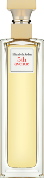 Elizabeth Arden 5th Avenue woda perfumowana w prostokątnej szklanej butelce, złota nakrętka, biała etykieta z czerwonym napisem.
