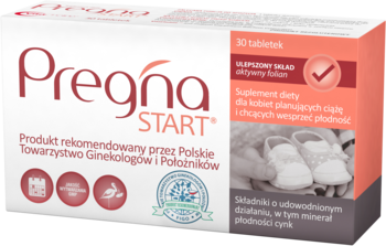 Biało-pomarańczowe pudełko Pregna START Ona, suplementu dla kobiet planujących ciążę, z folianem i cynkiem, widok pod kątem.