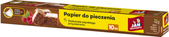 Jan Niezbędny papier do pieczenia, 10m, w brązowo-żółtym pudełku. Nieprzywierający, z grafiką ciasta.