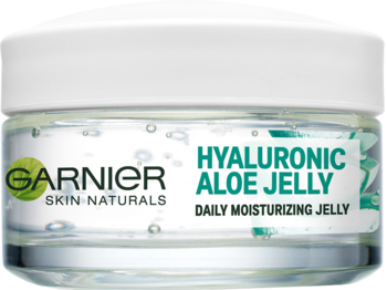Garnier Hyaluronic Aloe Jelly, nawilżający żel w przezroczystym słoiku z białą nakrętką, widok z przodu.