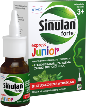 Sinulan forte express Junior, aerozol do nosa 20ml na katar, zatoki. Brązowa butelka i zielone pudełko z przodu.