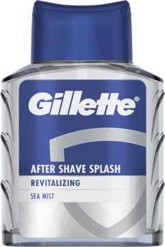Gillette After Shave Splash Sea Mist, przezroczysta butelka z niebieską etykietą, białym logo, widok z przodu.