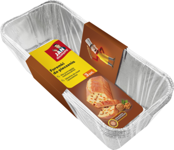 Aluminiowe foremki do pieczenia JAM, 3 sztuki, w przezroczystym opakowaniu z brązową etykietą, idealne do ciast.