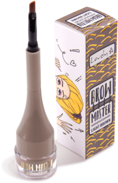 Jasnobrązowa wodoodporna pomada do brwi Lovely Brow Master w słoiczku z aplikatorem, obok kartonowe pudełko.