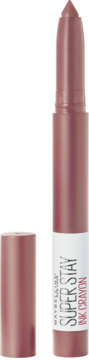 Maybelline Super Stay Ink Crayon, matowa pomadka w sztyfcie, różowa, częściowo otwarta, widok z przodu.