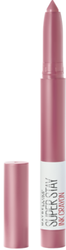 Maybelline Super Stay Ink Crayon, różowa matowa pomadka-kredka z białą etykietą, skuwka leż¿y obok. Widok z przodu.