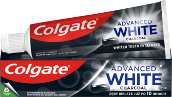 Tubka i pudełko pasty Colgate Advanced White Charcoal. Czarno-czerwone, widoczny napis „ADVANCED WHITE”.
