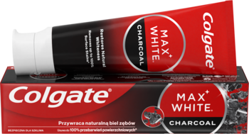 Czerwono-czarna tubka i pudełko wybielającej pasty Colgate MAX WHITE Charcoal z węglem aktywnym, widok z przodu.