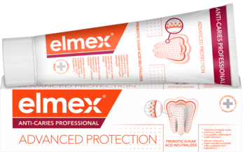Pasta elmex Anti-Caries Professional: biała tubka na pudełku, z czerwono-pomarańczowymi detalami i napisem.
