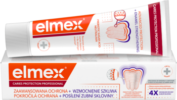 Biało-pomarańczowa pasta Elmex Anti-Caries Professional w tubce i kartoniku, widok z przodu, lekko pod kątem.