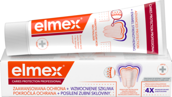 elmex Anti-Caries Professional pasta w białej tubce i opakowaniu, z pomarańczowym logo, ilustracjami zębów.
