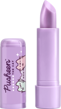 Fioletowy balsam do ust Pusheen w sztyfcie, otwarty z wysuniętą pomadką, obok przezroczysta nakrętka.