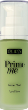 Zielony primer Pupa Prime Me Face Primer w przezroczystej butelce z pompką, widok z przodu.