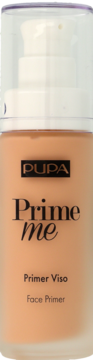 PUPA Prime me Face Primer, korygująca baza w jasnym odcieniu, w butelce z pompką, widok z przodu.