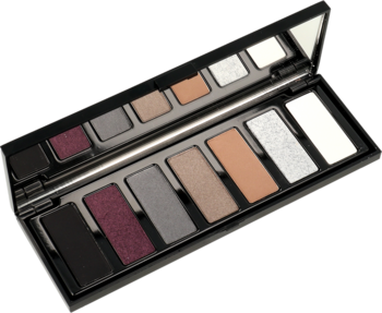 Paleta 7 cieni do powiek Multi Finish otwarta, z lusterkiem, odcienie fioletu, szarości, brązów i bieli, widok pod kątem.