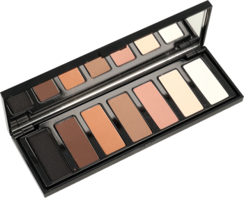 Otwarta czarna paleta 7 cieni Multi Finish w odcieniach brązu i beżu, z lustrem, widok pod kątem.
