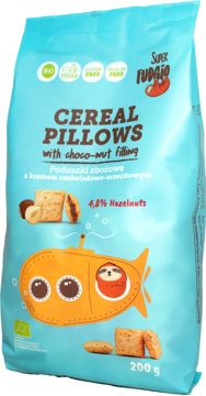 Błękitna paczka Super Fudgio Cereal Pillows z czekoladowo-orzechowym nadzieniem i rysunkiem żółtej łodzi podwodnej.