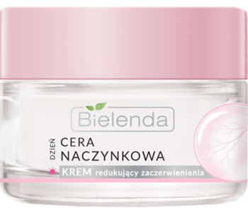 Bielenda Cera Naczynkowa krem na dzień, biały słoik z różową nakrętką i grafiką naczynek, widok z przodu.