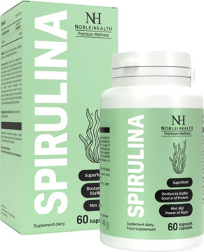 Butelka suplementu Spirulina Noble Health 60 kapsułek 'moc alg', zielono-białe opakowanie, z pudełkiem, widok pod kątem.