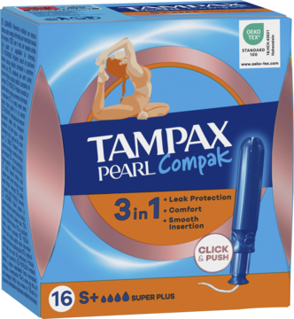 Tampax Pearl Compak, niebiesko-brązowe opakowanie 16 tamponów S+ Super Plus z aplikatorem obok pudełka.