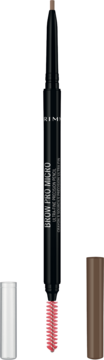Rimmel Brow Pro Micro Blonde, czarna kredka do brwi z ultracienką końcówką i różową szczoteczką, z otwartymi nakrętkami.