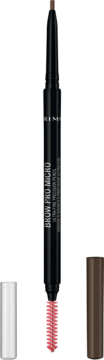 Rimmel Brow Pro Micro, brązowa kredka do brwi z ultracienką końcówką i różową szczoteczką, widok z przodu.