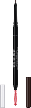 Rimmel Brow Pro Micro kredka do brwi Dark Brown z różową szczoteczką, widok z przodu z odkręconymi nakrętkami.