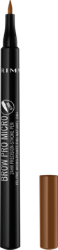 Rimmel Brow Pro Micro 24H eyebrow pen, black with brown tip, standing upright beside its brown cap.