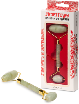 Jadeitowy masażer do twarzy z zielonego jadeitu i złotymi elementami, widoczny w czerwonym opakowaniu i luzem obok.