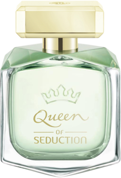 Banderas Queen Of Seduction, damska woda toaletowa. Widok z przodu butelki z jasnozielonym płynem i złotym korkiem.