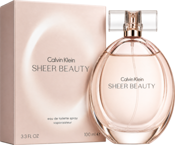 Jasnoróżowy flakon i opakowanie Calvin Klein Sheer Beauty, kwiatowo-owocowa woda toaletowa, widok z przodu.
