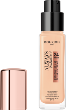 Bourjois Always Fabulous podkład, jasny beż, szklana butelka z czarną pompką i różową nakrętką obok, SPF 20.