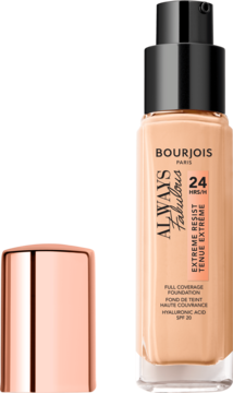 Beżowy podkład Bourjois Always Fabulous w szklanej butelce z pompką, widok z przodu, obok różowo-złota nakrętka.