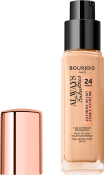 Beżowy podkład Bourjois Always Fabulous Full Coverage SPF 20, widok z przodu z odkręconą różową zakrętką.