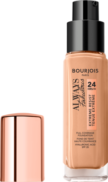 Bourjois Always Fabulous, beżowy podkład kryjący SPF 20 w butelce z pompką, obok różowo-złota nakrętka.