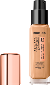 Bourjois Always Fabulous podkład kryjący 24H SPF 20 w beżowej butelce z pompką, widok z odłożoną nakrętką.
