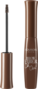 Bourjois Brow Fiber Oh Oui! maskara do brwi chestnut. Otwarta brązowa tubka z wysuniętą precyzyjną szczoteczką.